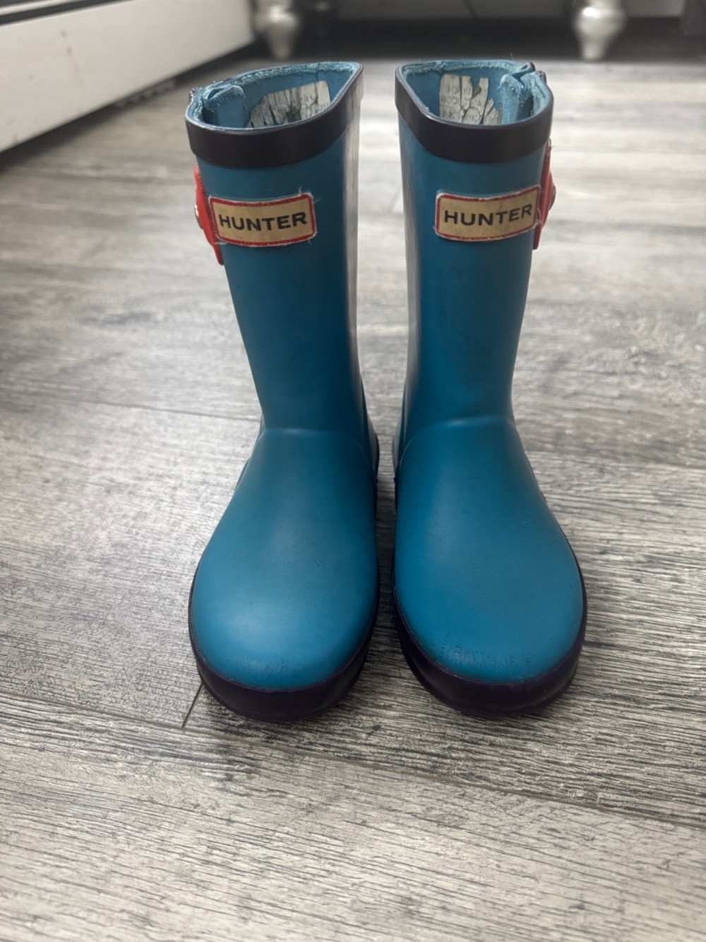 Hunter Blue Kids Rain Boots with Navy Trim and Red Logo